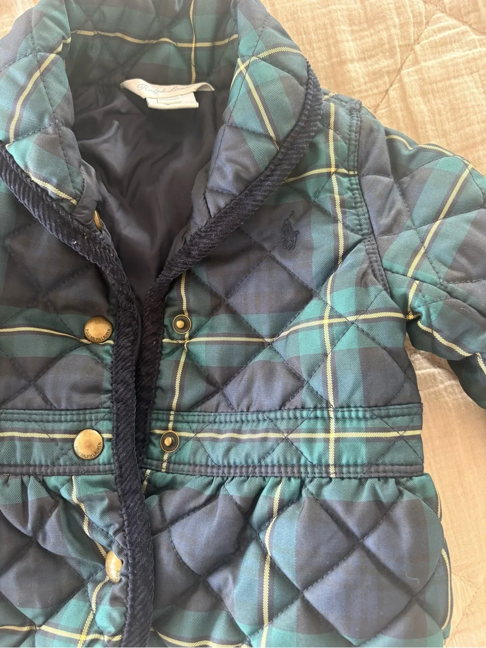 Ralph Lauren Baby 9M Tartan Plaid Quilted Jacket Green Navy Preppy Coat